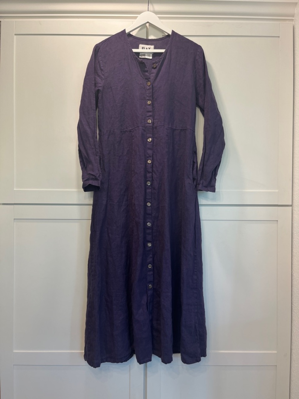 Flax Purple Button-Front Long Sleeve 100% Linen Maxi Dress with Pockets